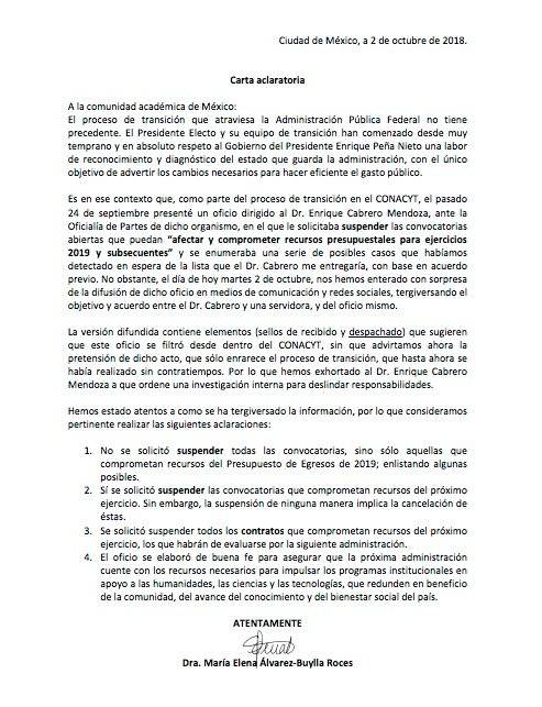 Equipo de AMLO aclara carta sobre suspensión de convocatorias en Conacyt