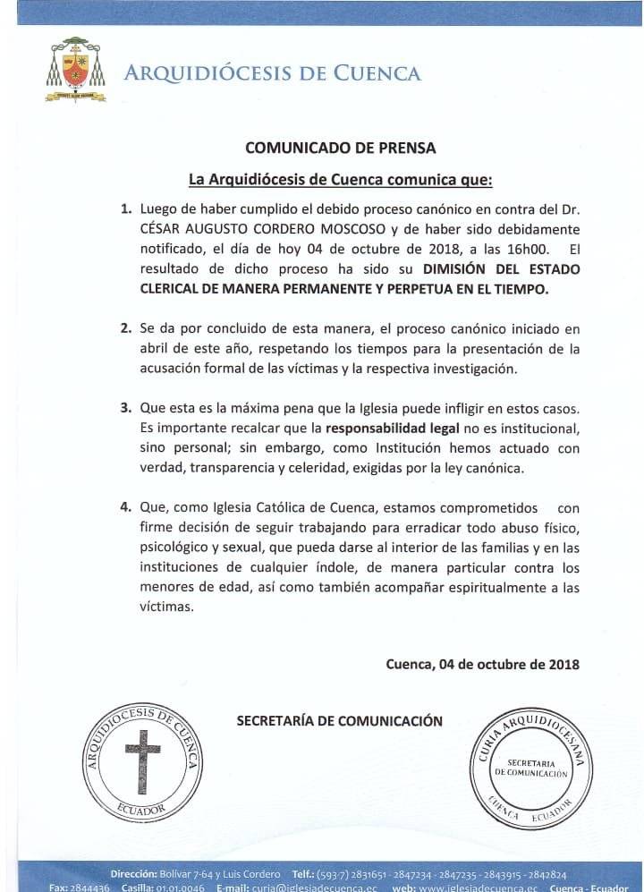 Arquidiócesis de Cuenca: César Cordero Moscoso fue separado de la iglesia