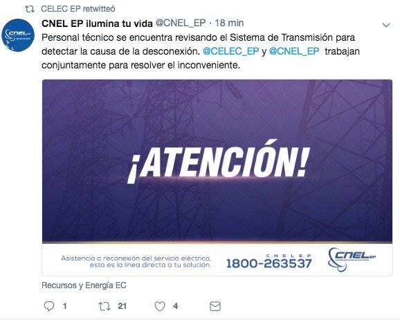 Usuarios en Twitter reportan otro apagón en Quito y Guayaquil