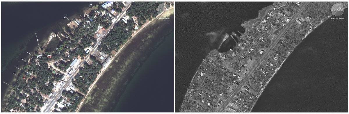 Esta combinación fotográfica de imágenes satelitales proporcionadas por DigitalGlobe muestra Long Point Park Highway 98 en la ciudad de Panamá, Florida, el 17 de noviembre de 2017, a la izquierda, antes del huracán Michael y el 11 de octubre de 2018, a la