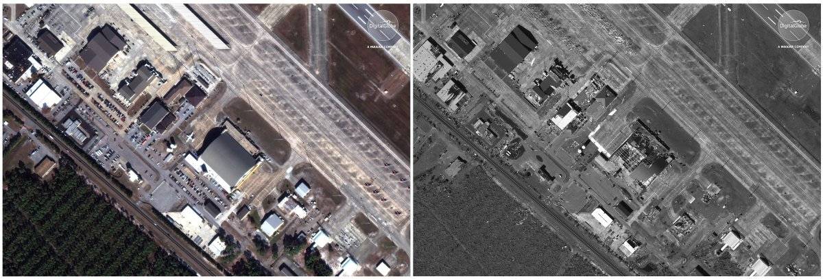 Esta combinación fotográfica de imágenes satelitales proporcionadas por DigitalGlobe muestra la Base de la Fuerza Aérea Tyndall cerca de la Ciudad de Panamá, Florida, el 17 de noviembre de 2017, a la izquierda, antes del huracán Michael y el 11 de octubre