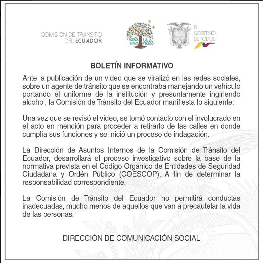 CTE anunció investigación del caso sobre agente que estaba bebiendo mientras conducía