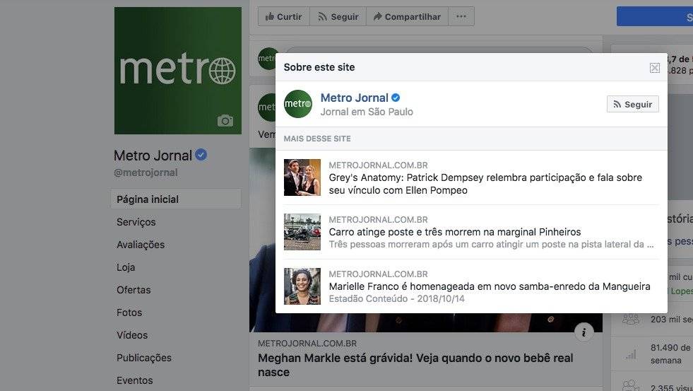 Facebook - página do Metro - botão de contexto