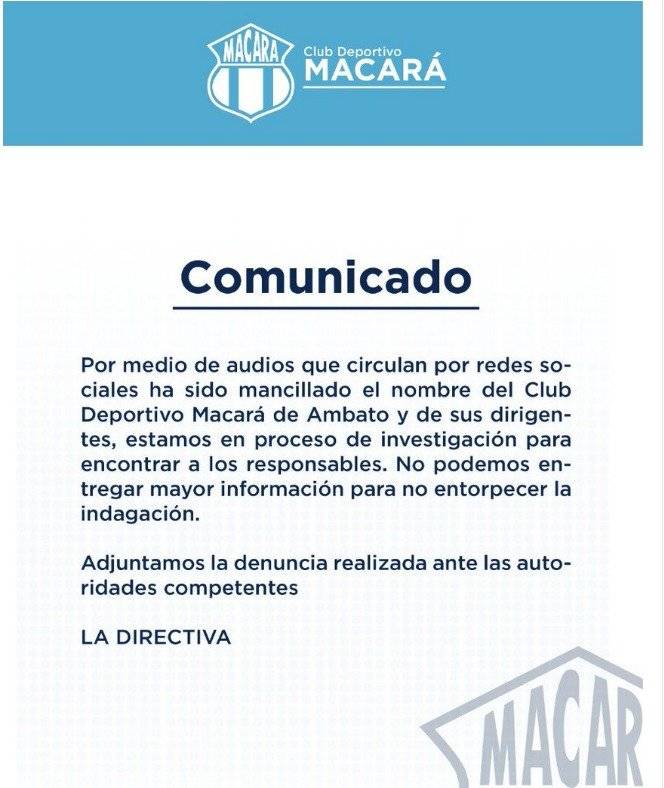 Macará se pronuncia sobre supuesto soborno en el partido ante El Nacional
