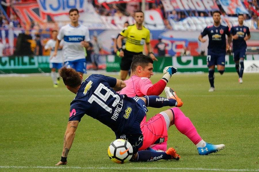 Al segundo minuto de juego la UC pudo quedar con uno menos tras la fuerte entrada de Dituro sobre Arancibia, pero Maza sólo le puso amarilla / Foto: Agencia UNO