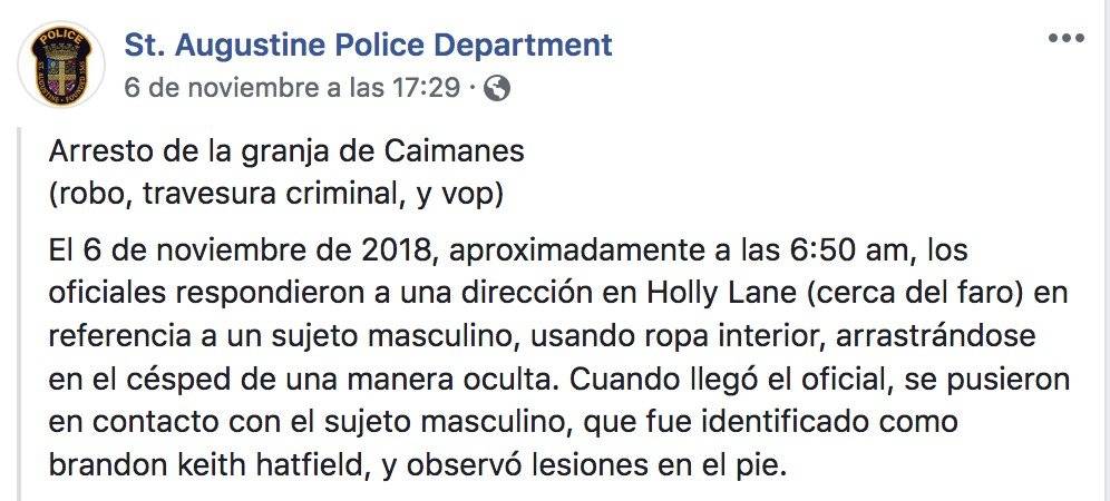 Comunicado Departamento de Policía de San Agustín Florida