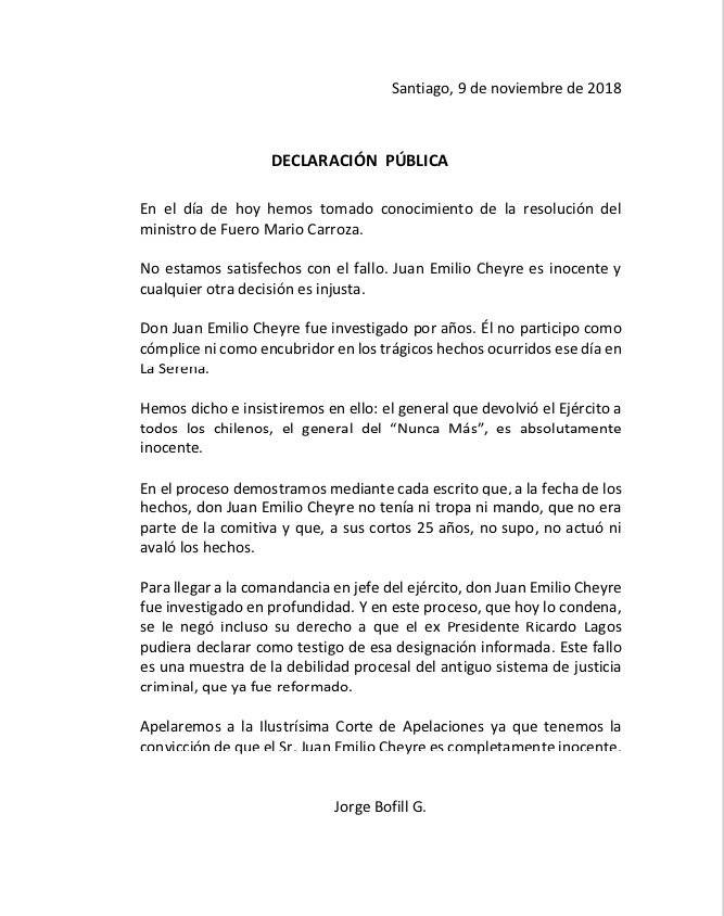 Comunicado del abogado de Juan Emilio Cheyre, Jorge Bofill
