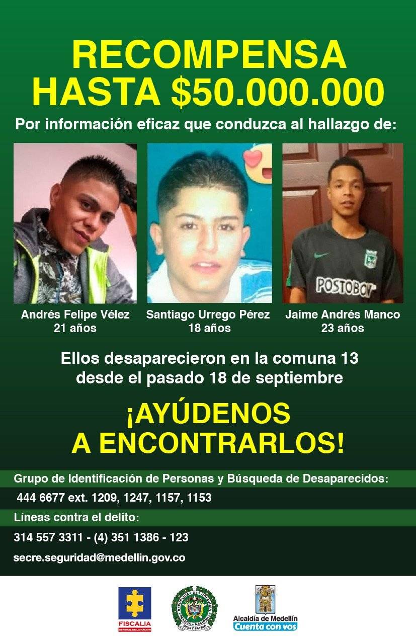 Recompensa jóvenes desaparecidos Medellín