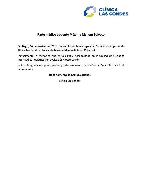 Parte médico de Máximo Menem Bolocco