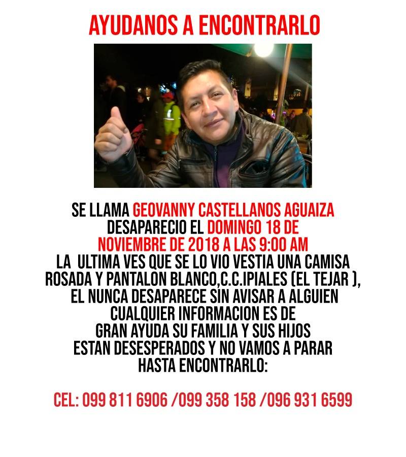 Familiares buscan a Geovanny Castellanos desparecido en Quito Familiares buscan a Geovanny Castellanos desparecido en Quito