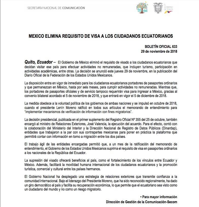 México elimina visa para turistas ecuatorianos