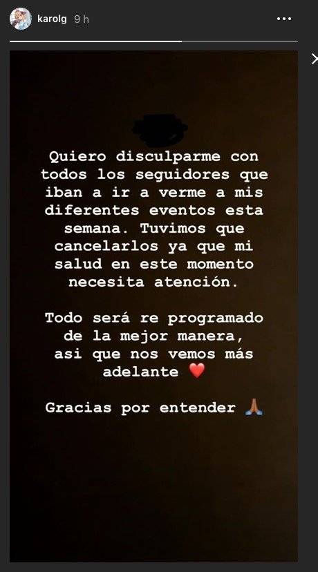 Karol G cancela conciertos por estado de salud