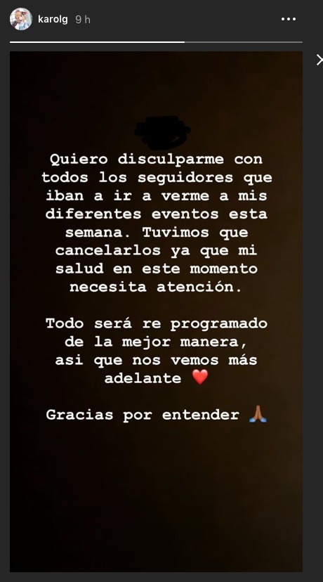 Karol G cancela conciertos por estado de salud