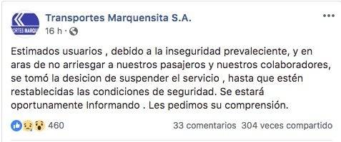 Transportes Marquensita suspende servicio por inseguridad