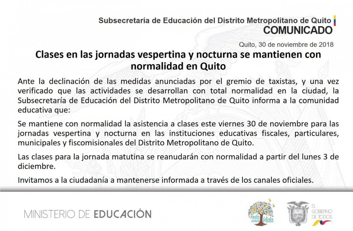 Quito: Se reanudarán las clases en horario vespertino y nocturno