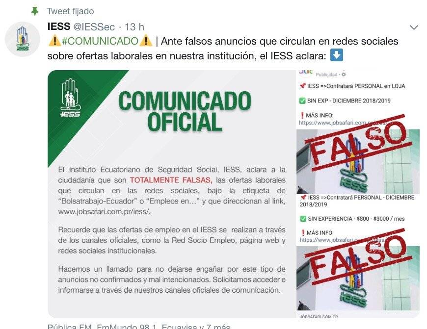 IESS desmiente ofertas laborales que circulan en redes sociales