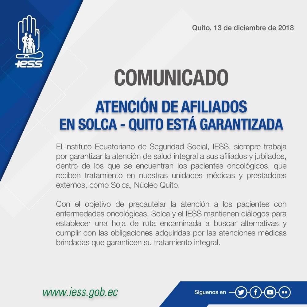 IESS aclara que pacientes afiliados sí recibirían atención en Solca