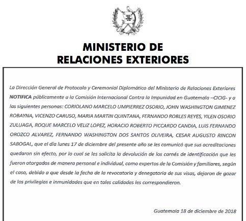 notificación del Minex por visas de CICIG