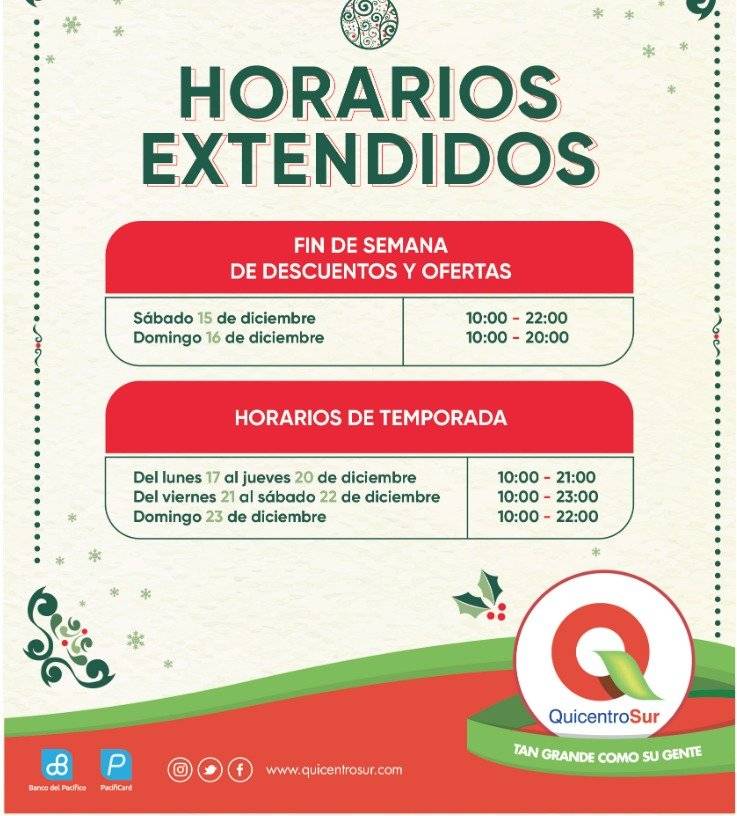 Horarios de Atención Navidad, Quicentro del Sur