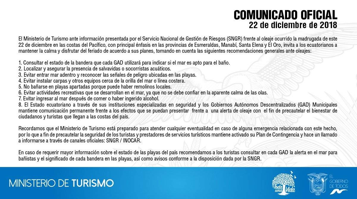 Ministerio de Turismo realiza recomendaciones tras oleaje ocurrido en las costas ecuatorianas