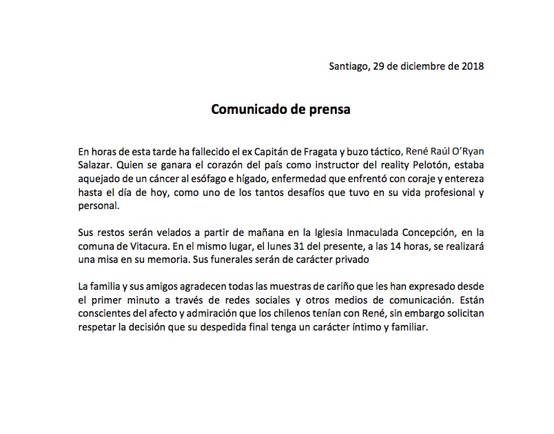 Comunicado muerte René O'Ryan