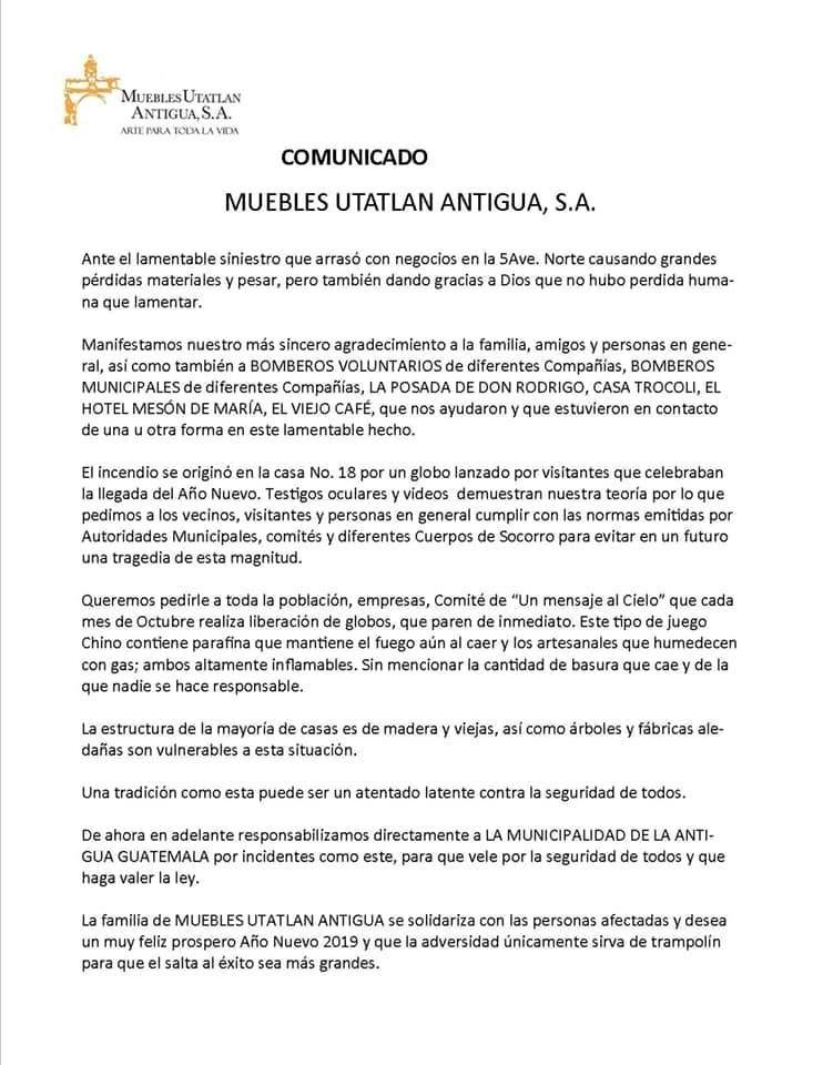 Comunicado de Muebles Utatlán Antigua