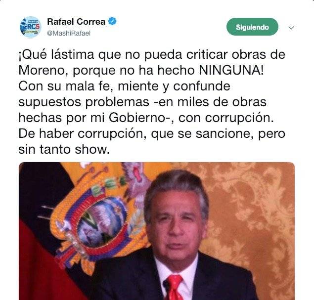 Rafael Correa: "Qué lástima que no pueda criticar obras de Lenín Moreno, porque no ha hecho ninguna"