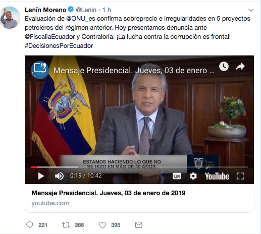 Lenín Moreno denunciará irregularidades de proyectos petroleros del régimen anterior