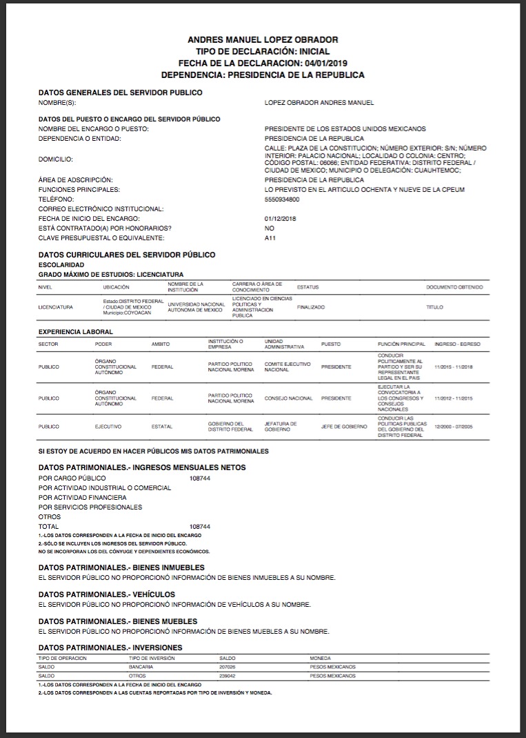 Declaración Patrimonial de Andrés Manuel López Obrador, página 1 Declaración Patrimonial de Andrés Manuel López Obrador, página 1