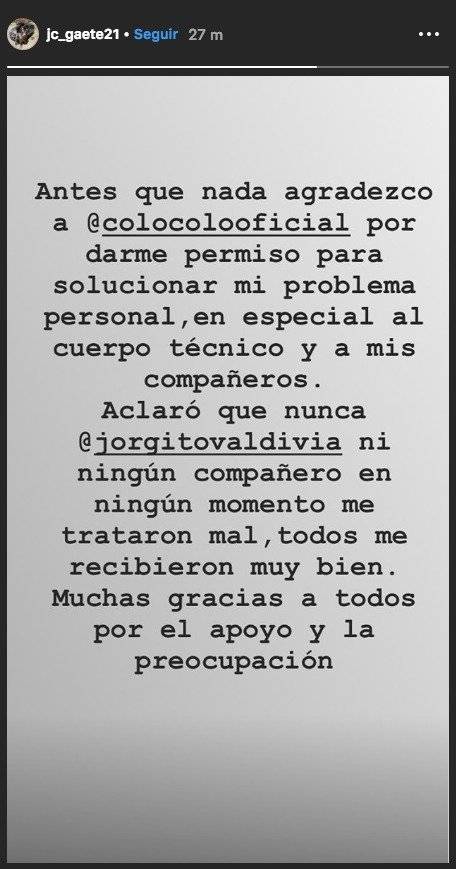 El mensaje de Gaete / imagen: Instagram Juan Carlos Gaete