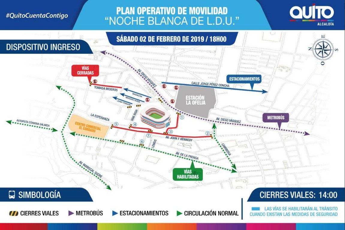 Noche Blanca: Liga de Quito vs Santa Fe. Cierres viales