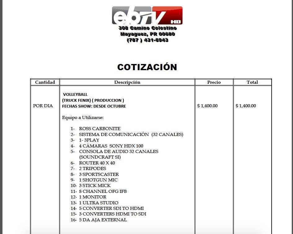 Ejemplo de cotización de EBTV a un cliente privado.