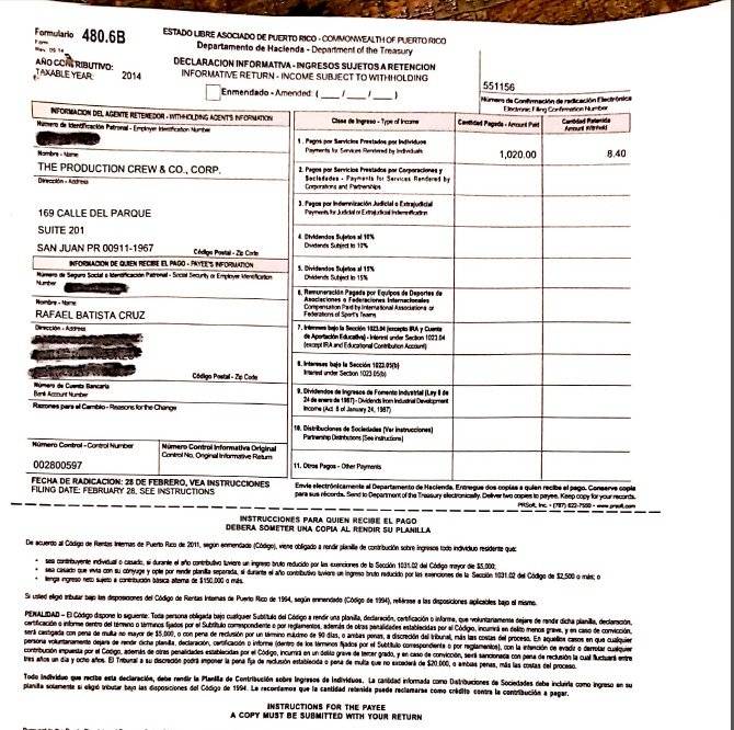 Documento de retención de ingresos de Rafael Batista.