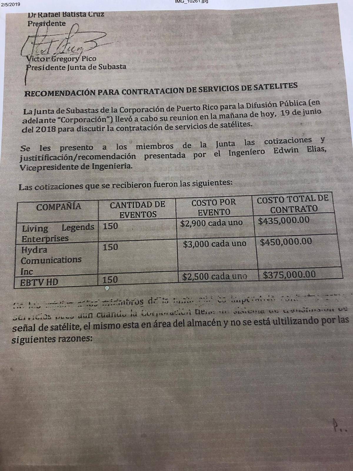 Documento de la subasta otorgada a EBTV.