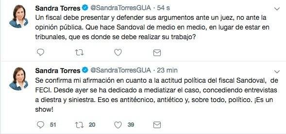 tuits de Sandra Torres contra el fiscal Juan Francisco Sandoval