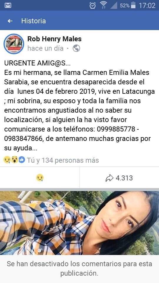 Familiares buscan a Carmen Emilia Males desaparecida desde el 4 de febrero