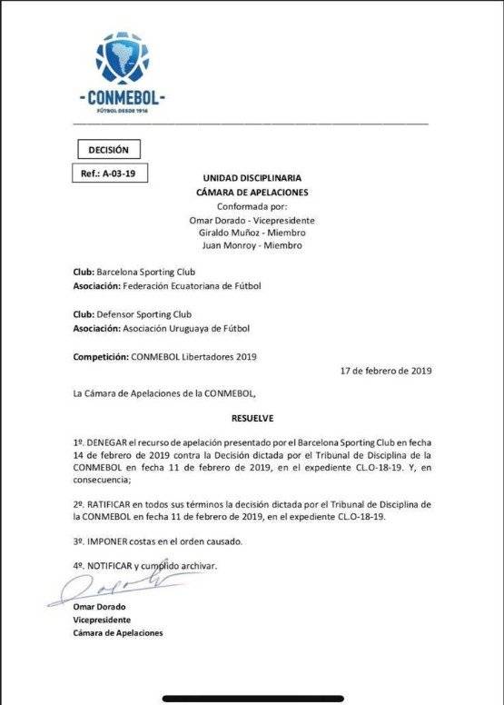 Conmebol rechazó apelación de Barcelona SC: Defensor Sporting clasifica a tercera fase