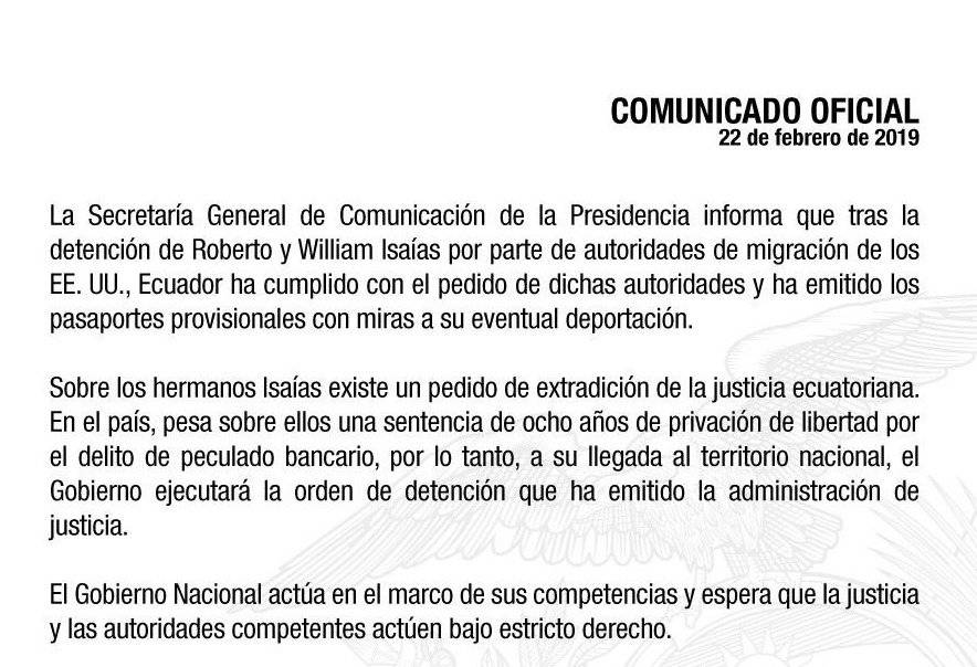 Ecuador emitió pasaportes provisionales a los hermanos Isaías con miras a su eventual deportación