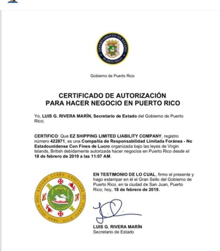 Certificación del Departamento de Estado a EZ Shipping