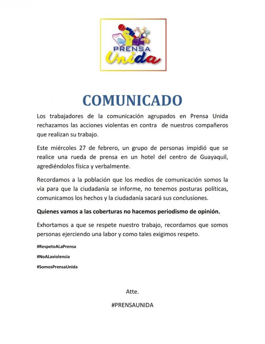 Comunicado Prensa Unida sobre agresiones a periodistas en Guayaquil