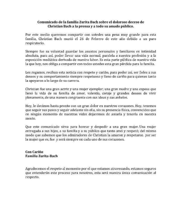Comunicado muerte Christian Bach