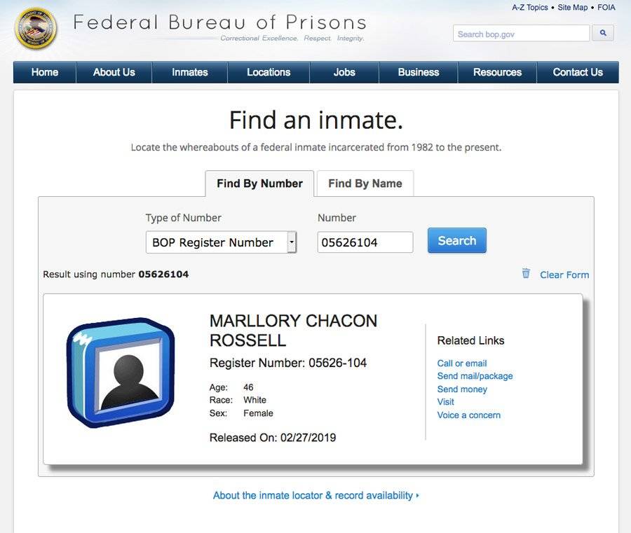 Confirmación del Federal Bureau of Prisons