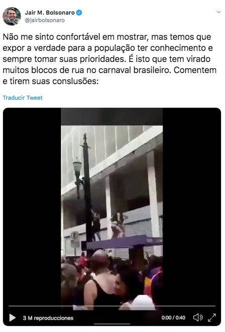 Bolsonaro comparte grotesco video en Twitter para criticar al Carnaval de Río y es atacado en redes
