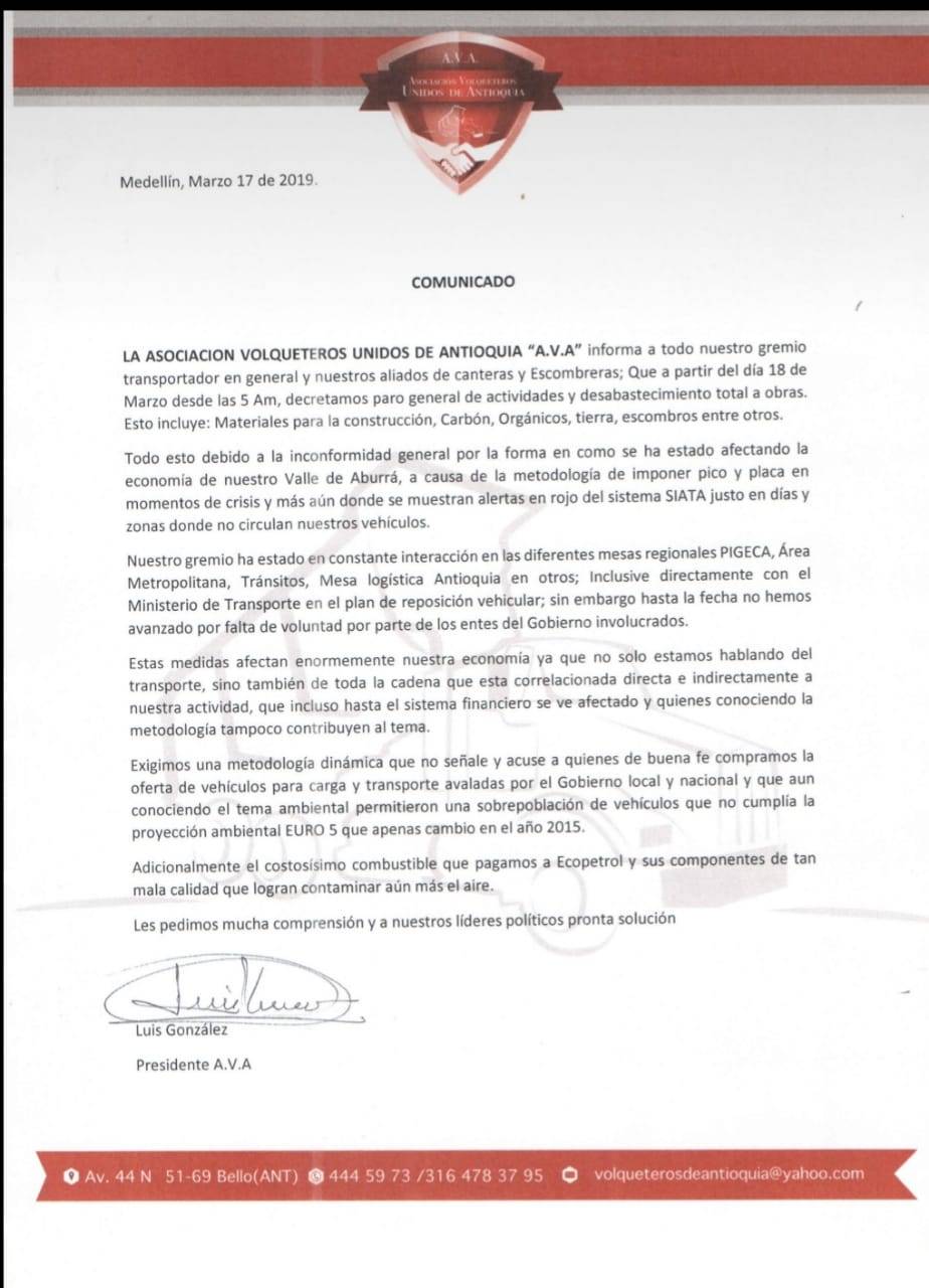 Carta Paro Volqueteros Carta Paro Volqueteros
