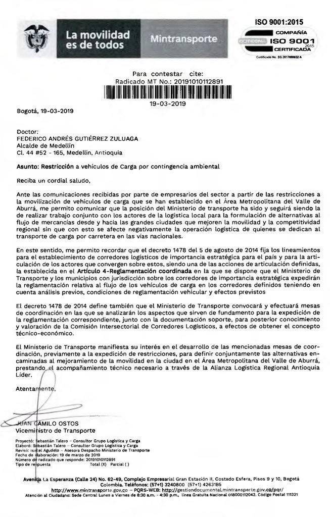 Carta Ministerio de Transporte