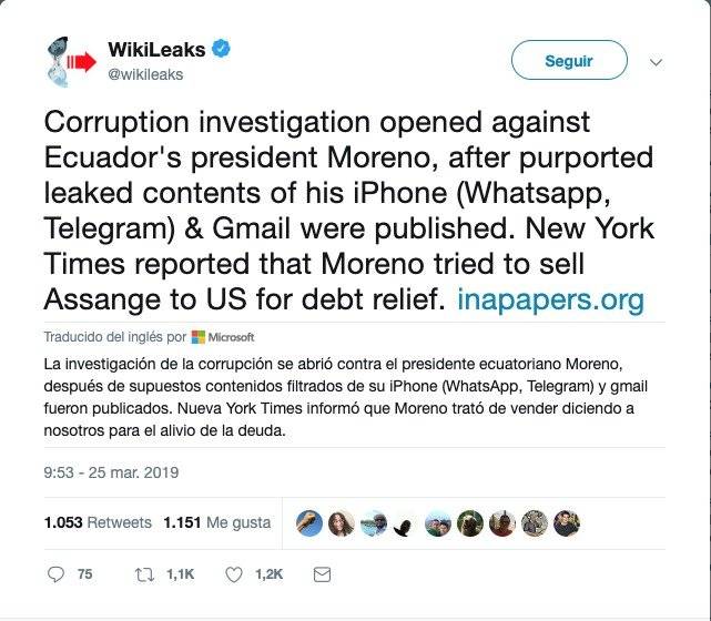WikiLeaks anuncia que investigará a presidente Lenín Moreno por caso Inapapers