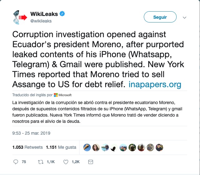 WikiLeaks anuncia que investigará a presidente Lenín Moreno por caso Inapapers WikiLeaks anuncia que investigará a presidente Lenín Moreno por caso Inapapers
