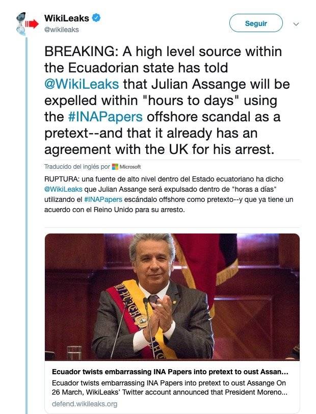 El sitio WikiLeaks informa que Julian Assange "será expulsado en horas o días"