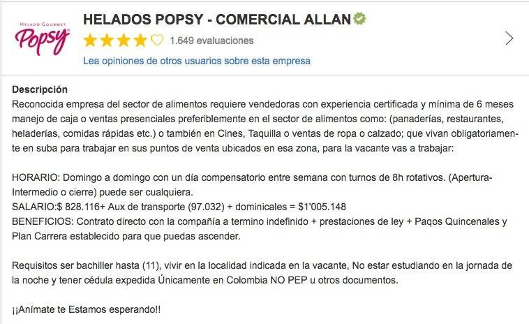 Oferta laboral Helados Popsy