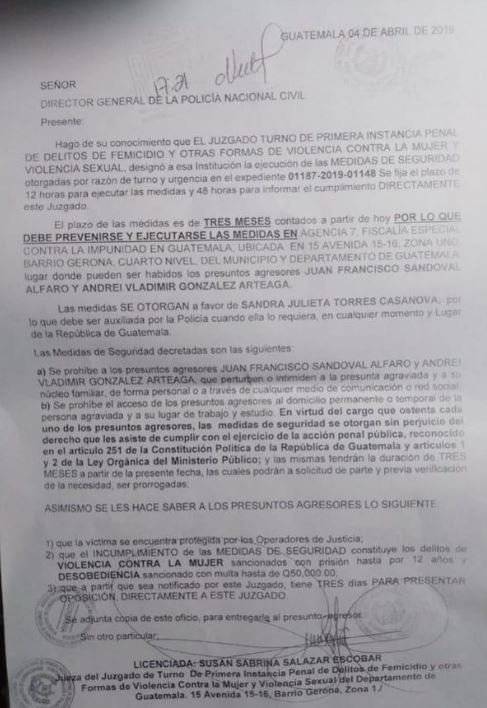 Juzgado otorga medidas de seguridad a Sandra Torres